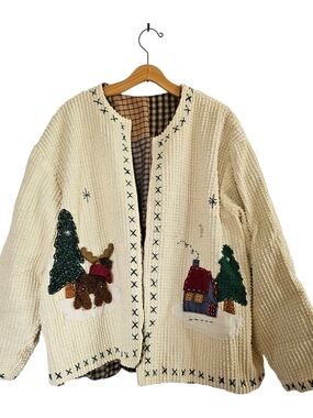Country Lace Quilted Cardigan Jacket Womens L/XL Winter Christmas Appliques